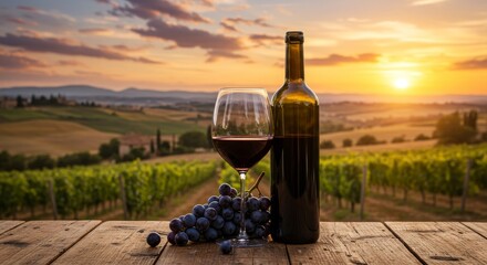 Elegant red wine presentation at a vineyard in Tuscany during sunset