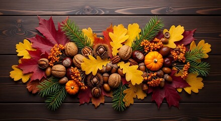 Autumnal Harvest Display of Nuts and Leaves.