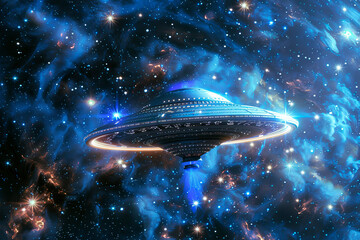 Obraz premium Oval UFO saucer hovering over beautiful landscape in deep dramatic sky