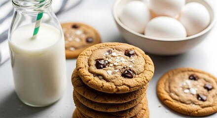A delicious stack of freshly baked homemade chocolate chip cookies with sea salt served with a glass bottle of milk