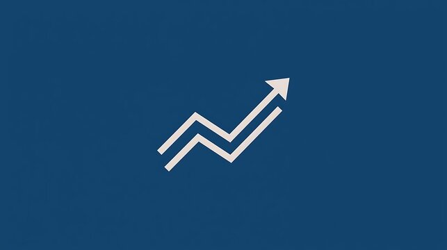 A minimalist graphic illustration of an upward trending arrow composed of two parallel lines against a solid blue background.