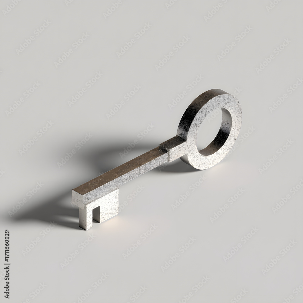 Poster 3d key with metallic texture, isolated floating with shadow, minimal look