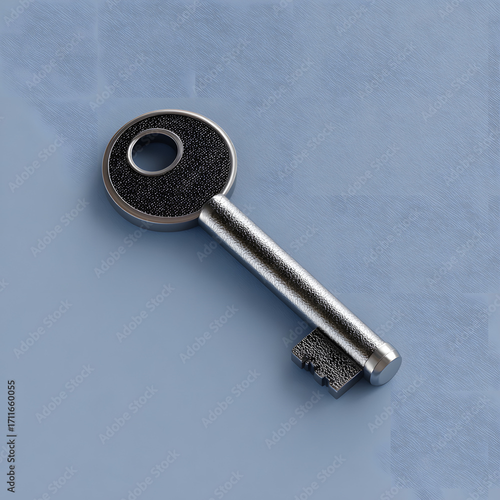 Poster 3d key with metallic texture, isolated floating with shadow, minimal look
