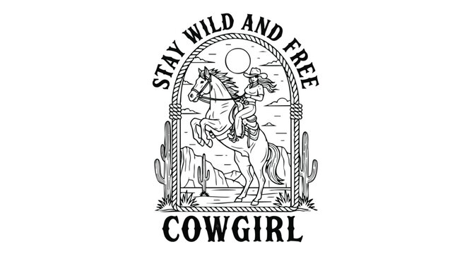 A black and white graphic design of a cowgirl riding a horse in a desert landscape, featuring motivational text.