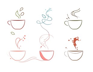 Abstract coffee cups with steam and splashes