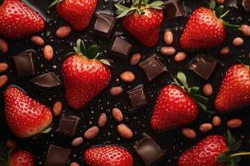 Fresh strawberries with dark chocolate pieces and nuts in delicious food concept