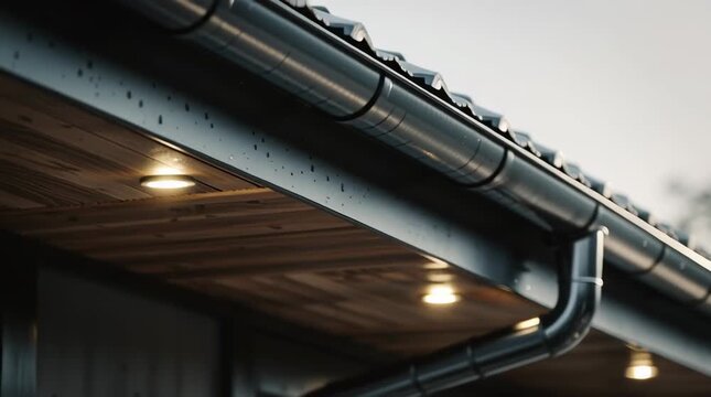 Aluminum gutter detail with modern roof soffit lighting, clean lines and calm exterior mood