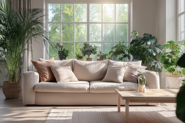 Modern living room interior with sofa plants and sunlight through large windows