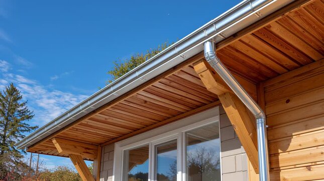 Aluminum gutter along wooden eave on roof of house cabin exterior under clear blue sky calm mood