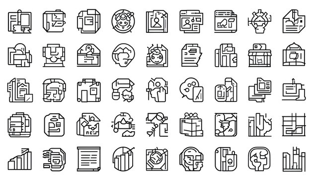 Collection of modern business and technology icons representing concepts like marketing, data analysis, web design, and communication, a versatile visual resource