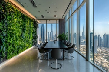 Modern office conference room with panoramic city skyline and green wall