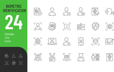 Obraz na płótnie Canvas Biometric Identification line Editable Icons set. Vector illustration in modern thin line style of personal data related icons: biometric, barcode, passport, and more. 