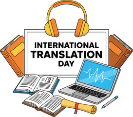 International translation day with books, headphones, and laptop isolated on white background