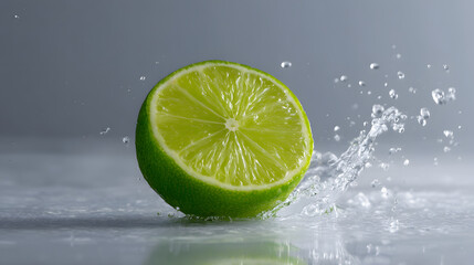 Fresh Lime Splashing: A vibrant green lime, sliced in half, interacts with water droplets. This high-speed image highlights the fruit's juicy freshness.