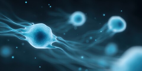 Naklejka premium Microscopic depiction of vibrant, luminescent cells, showcasing intricate details and ethereal beauty. This stunning image captures the essence of cellular life.