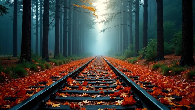 Autumn Railway Through Misty Forest