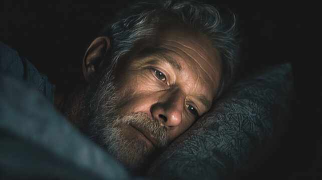 A man lying in bed staring thoughtfully at the ceiling with soft lighting illuminating his contemplative expression in a dark room atmosphere.