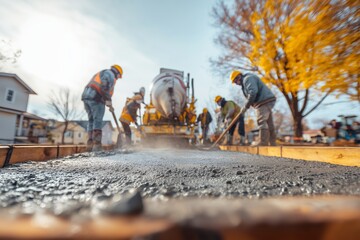 Construction workers pour concrete for a new sidewalk in a residential area during a sunny autumn afternoon