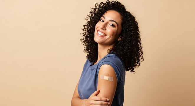Happy woman show her arm after injection. Vaccination campaign and health protection concept for medical advertising.