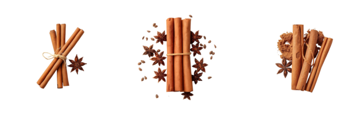 Cinnamon sticks tied with twine are surrounded by star anise and brown sugar, creating warm and aromatic composition. spices are arranged on transparency background