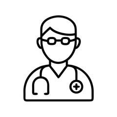 Line art icon of a doctor wearing glasses and stethoscope isolated on transparent background