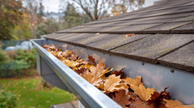 Aluminum gutter autumn leaves roof edge maintenance calm mood peaceful fall yard scene autumn leaf