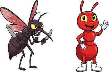 Angry mosquito holding knives, menacing insect character, scary dangerous mosquito, happy smiling red ant cartoon, friendly bug, cute ant with boots, isolated on white background
