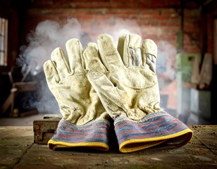 Dirty work gloves on a workbench