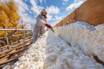 Worker applying insulation foam on construction site during sunny day with blue sky and scattered clouds