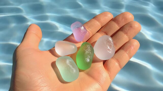 sea shells pills in hand on a beach