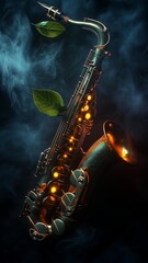 Obraz premium Leaf-bell saxophone with gowing bud keys in smoky jaz club setting.
