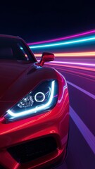 Closeup of red sports car speeding on a neon-lit road at night