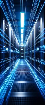 Futuristic data center with blue light trails, showcsing high speed data transer and advanced technologyinfrastructure for cloud cmputing and artificial intlligence