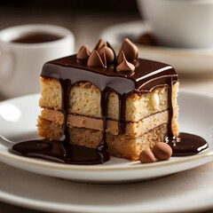 Indulgent layered cake with rich chocolate ganache, generous drizzle, and chocolate chips. A decadent dessert slice perfect for sweet cravings and special occasions