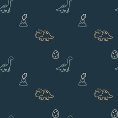 Cute dinosaurs with volcano planets stars and palm seamless kids pattern on dark background © Halyna Petrenko