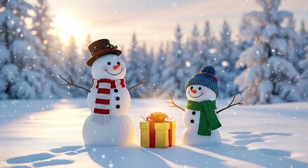Two Snowmen with Gift in Snowy Landscape.