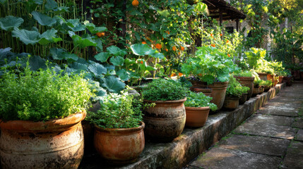 Lush green garden filled with various potted plants, vegetables, and herbs arranged along a stone pathway under soft morning light in a serene outdoor setting.
