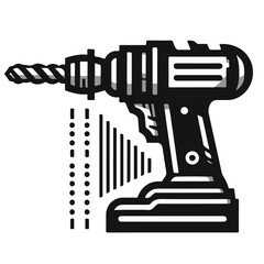 Illustration of a black and white cordless drill with a drill bit and vertical lines to the left