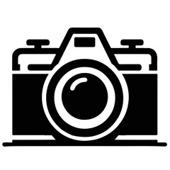 Illustration of a professional camera with a large lens and visible buttons in black and white design