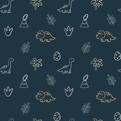 Cartoon dinosaur stegosaurus brontosaurus pterodactyl volcano seamless children pattern illustration © Halyna Petrenko