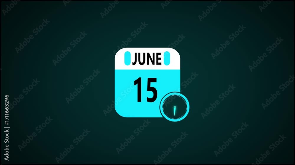 Poster june month calendar animation on black background. animated calendar icon showing the date june 15th