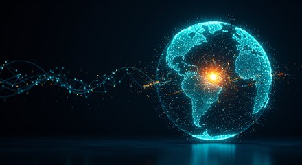 Futuristic Glowing Digital Globe Representing Global Connectivity and Technological Advancements with Data Streams, Artificial Intelligence and World Network