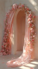 Obraz premium Pastel floral toran (door hanging) draped over an arch with soft wall and shadow