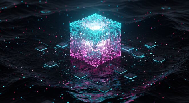 Futuristic Digital Cube Illustration with Circuit Board Texture, Glowing Neon Lights and Abstract Technology Concept for Data Processing and Artificial Intelligence.