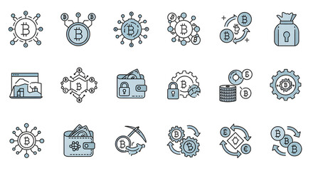 Essential vector icons for cryptocurrency and digital finance. Illustrates blockchain technology, mining, secure transactions, digital wallets, and digital currency concepts