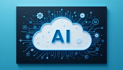 Digital cloud computing concept with artificial intelligence icons and network connections on blue