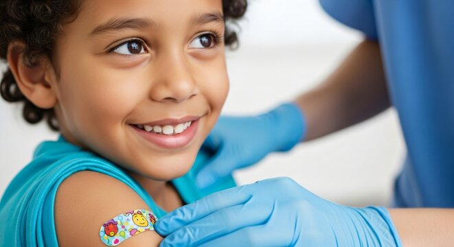 Little boy smiling with a colorful bandage on his arm after vaccination. Happy kid receiving immunization for healthcare and medical concept.