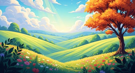 Vibrant Hilly Landscape with Colorful Flowers.