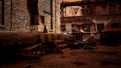 In a dimly lit alleyway, worn brick walls frame a space cluttered with cardboard boxes and debris. Shadows stretch across the ground as twilight settles, casting a moody atmosphere.