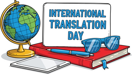 International translation day celebration with globe, book, tablet isolated on white background